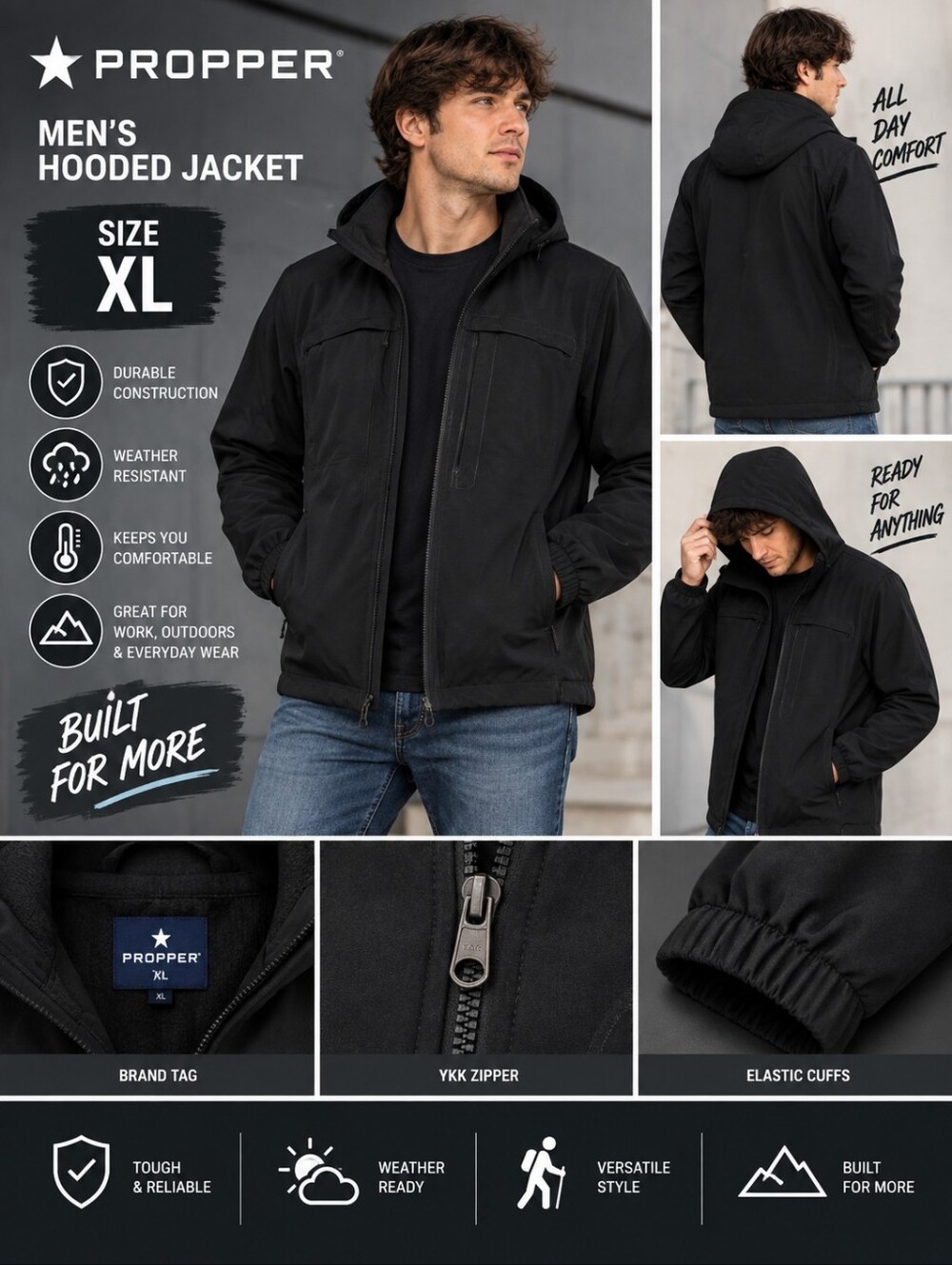 Propper mens XL black hooded jacket #06